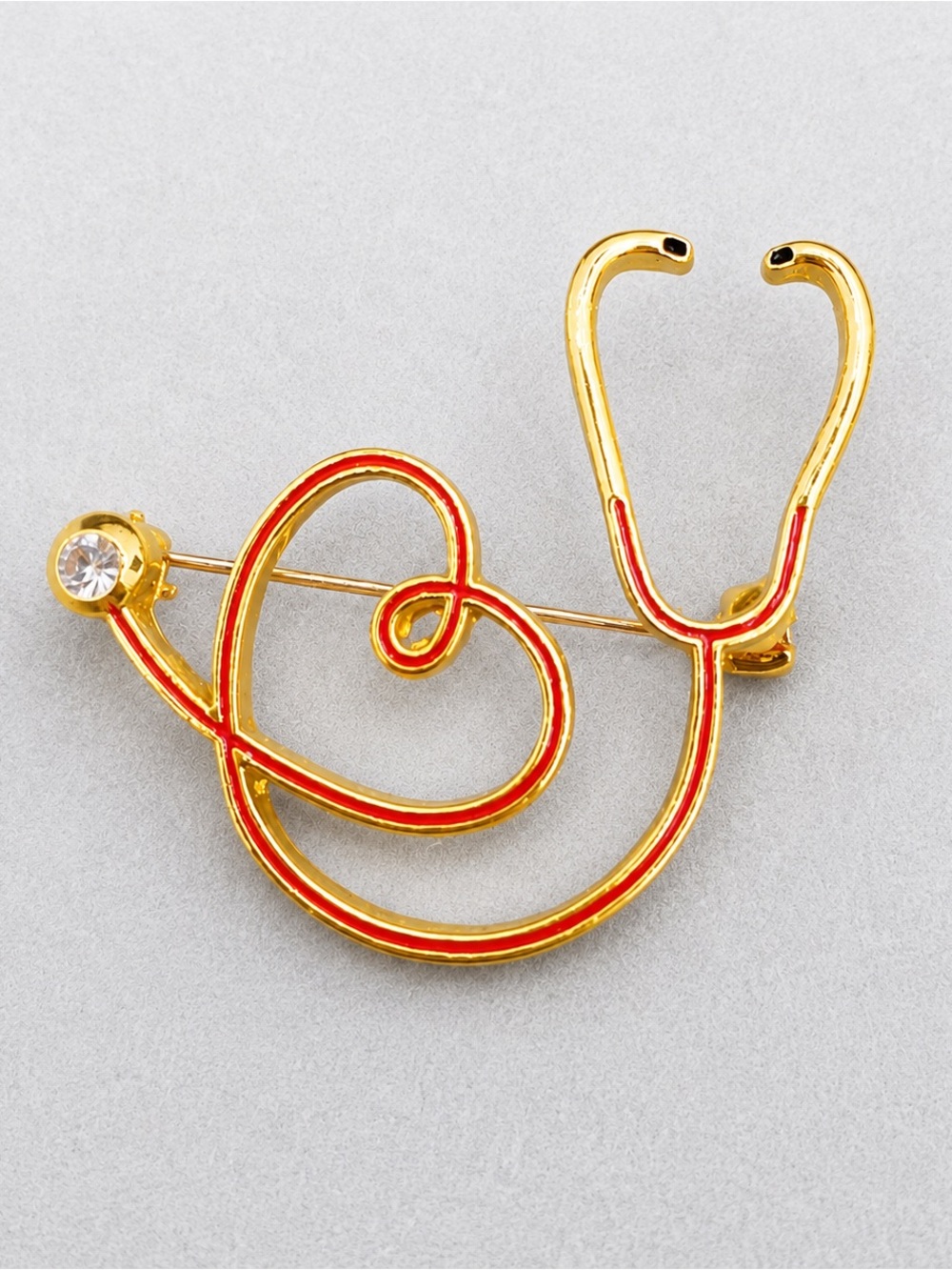 Stethoscope Heart Brooch Red Enamel Gold Tone Rhinestone